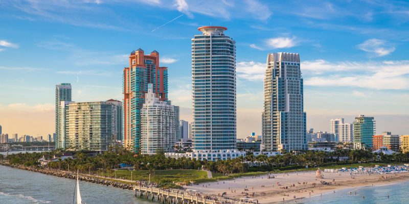 South Beach, Miami, Florida, USA over South Pointe Park.